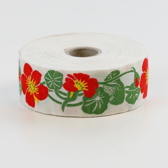 KAFKA G-03/02 Jacquard Ribbon Woven Organic Cotton Trim 1-1/4" wide (32mm) Ivory w/Red Nasturtiums, Yellow Accents, Green Leaves