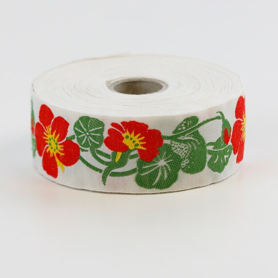 KAFKA G-03/02 Jacquard Ribbon Woven Organic Cotton Trim 1-1/4" wide (32mm) Ivory w/Red Nasturtiums, Yellow Accents, Green Leaves