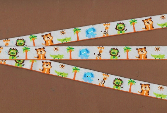 CHILDREN's C-15-C Jacquard Ribbon Poly Trim 5/8" Wide (16mm) Blue w/Bright, Colorful Alligators Giraffes Lions Tigers & Elephants