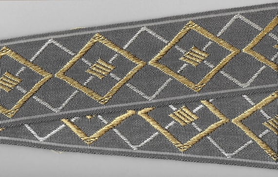 GEOMETRIC L-07-A Jacquard Ribbon Poly Trim 2-1/2" wide (64mm) Gray/Lt Gray & Mustard Gold Diamond Design