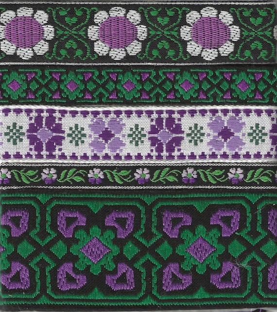 RIBBON PAK-129 Jacquard Ribbon Woven Cotton Trims 1yd lengths of 5 VINTAGE Floral Designs in Black, Purple, Green & White