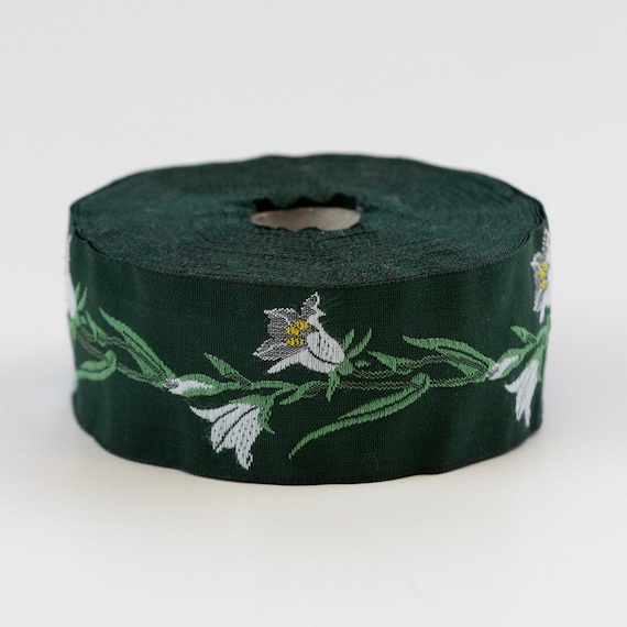KAFKA G-02/06 Jacquard Ribbon Woven Organic Cotton Trim 1-1/4" wide (32mm) Green w/White, Gray & Yellow Bellflowers, Green Stems/Leaves