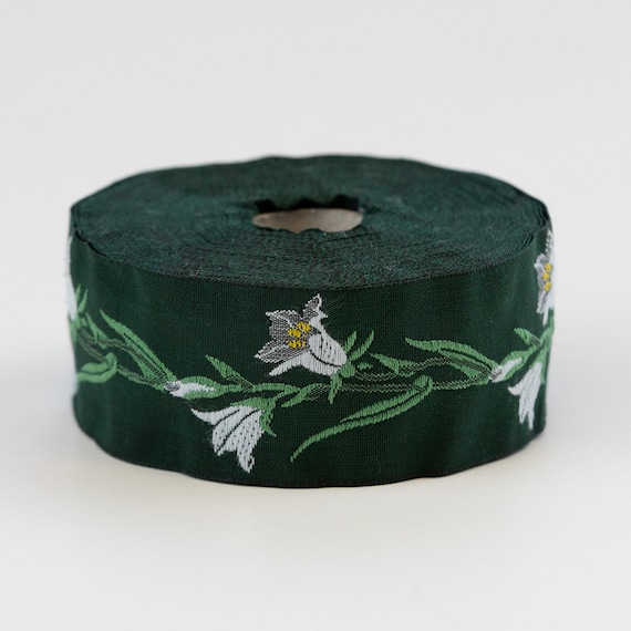 KAFKA G-02/06 Jacquard Ribbon Woven Organic Cotton Trim 1-1/4" wide (32mm) Green w/White & Gray Bellflowers, Yellow Accents