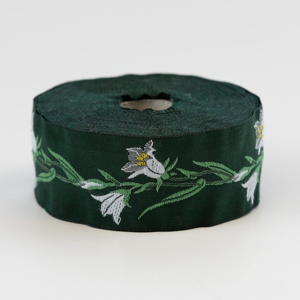 KAFKA G-02/06 Jacquard Ribbon Woven Organic Cotton Trim 1-1/4" wide (32mm) Green w/White & Gray Bellflowers, Yellow Accents