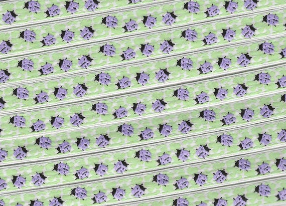 INSECTS B-05-A Jacquard Ribbon Polyester Trim 1/2" wide (13mm) White Background w/Petite Lilac & Black Ladybugs on Green Leaves