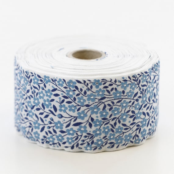 KAFKA K-02/22 Jacquard Ribbon Woven Organic Cotton Trim 2" wide (50mm) WHITE w/Blue & Metallic Silver Forget-Me-Nots, Navy Leaves