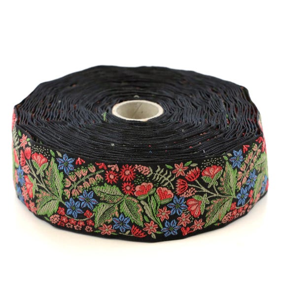 KAFKA H-16/04 Jacquard Ribbon Woven Organic Cotton Trim 1+9/16" wide (40mm) "FLOWER DREAMS" Black w/Blue, Green, Apricot & Red Flowers