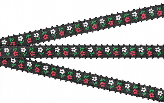 FLORAL C-36 Jacquard Ribbon Trim, Cotton, 5/8" Wide, Black Background Red & White Flowers, Green Stems/Leaves, Picot Edge, Priced Per Yard