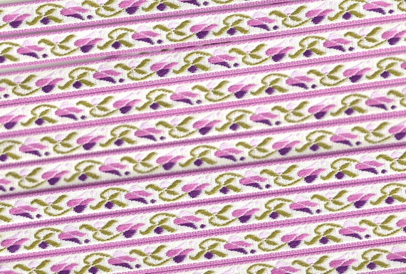 FLORAL B-10-T Jacquard Ribbon Polyester Trim 3/8" Wide (9mm) White (Purple Borders) Lilac/Purple Tulips & Dots, Olive Green Leaves