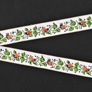 ANIMAUX/Oiseaux D-02-A Ruban jacquard bordure en rayonne de soie 3/4" de large (20 mm) vintage, blanc marron et pêcher oiseaux assis dans un arbre