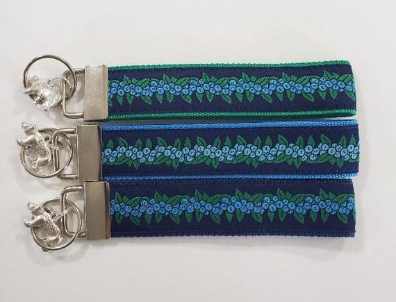 NOVELTY Jacquard Ribbon/Nylon Web 1" wide (25mm) Key Fobs, Blueberries w/Charms, Keychain, Key Wristlet, Luggage Tags 5.5" long