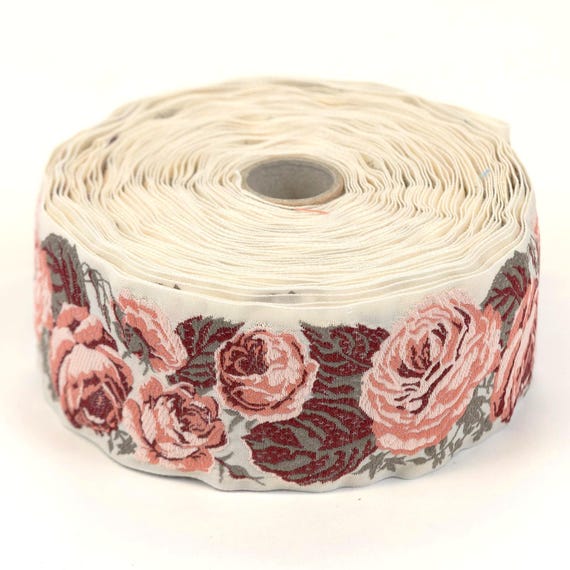 KAFKA K-12/04 Jacquard Ribbon Woven Organic Cotton Trim 2" wide (50mm) Ivory Background w/English Roses in Pink, Apricot, Taupe & Burgundy
