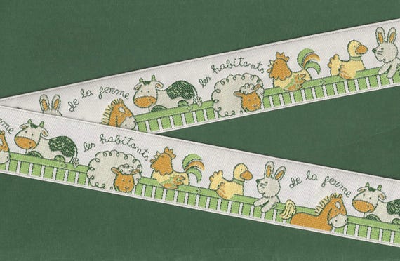 ANIMALS/Farm G-03-C Jacquard Ribbon Poly Trim 1-3/8" wide (34mm) Vintage, Made in France, Barnyard Animals