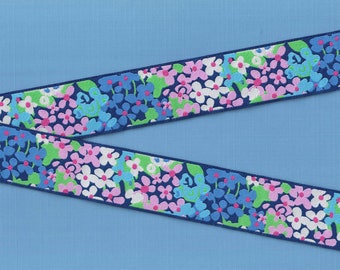 FLORAL G-120-A Jacquard Ribbon Poly Trim 1-1/8" wide (28mm) Douglas Paquette "Country Floral" in Blues & Pinks, Per Yard