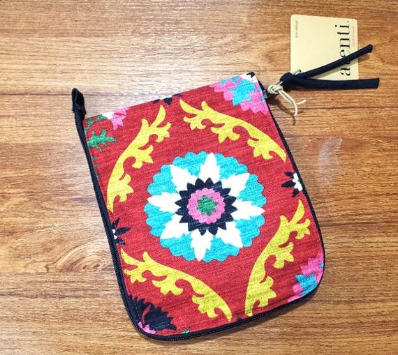 ATENTI Handmade Bags "CALYPSO" Bright Red/Green Floral, Circular Case Pouch, Plastic Sleeves, Needle Arts/Knitting, USA Made