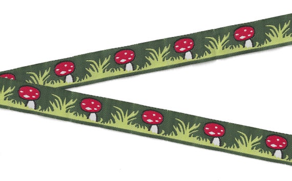 CHILDREN's E-20-A Jacquard Ribbon Poly Trim 7/8" wide (22mm) Red Toadstools w/Mini White Polka Dots on Olive Green