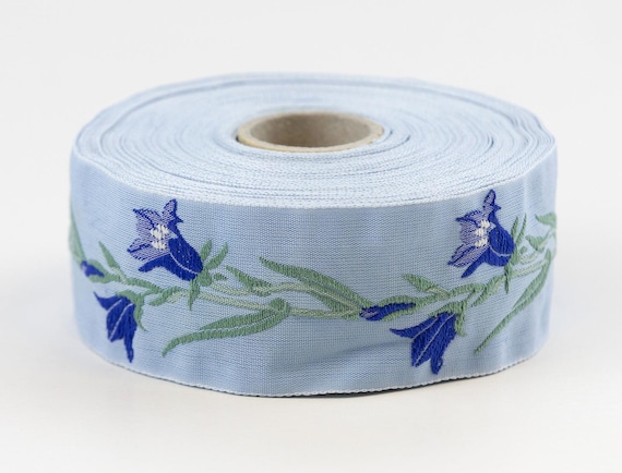 KAFKA G-02/03 Jacquard Ribbon Woven Organic Cotton Trim 1-1/4" wide (32mm) Lt Blue w/Royal Blue & Yellow Bellflowers Green Stems/Leaves