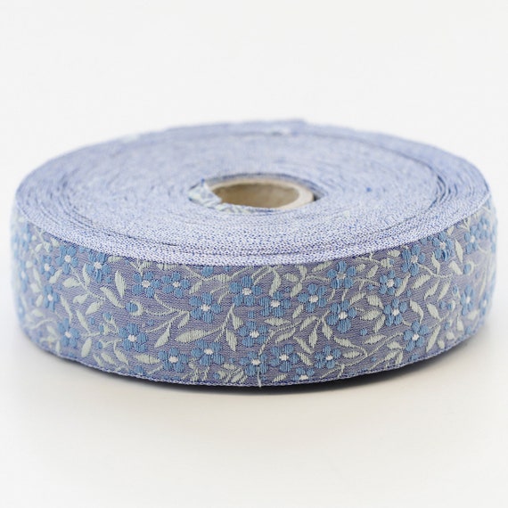 KAFKA F-01/03 Jacquard Ribbon Woven Organic Cotton Trim 1" wide (25mm) Blue w/Blue (White Accents) Forget-Me-Nots, Pale Aqua Leaves