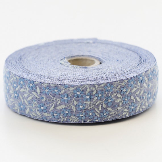 KAFKA F-01/03 Jacquard Ribbon Woven Organic Cotton Trim 1" wide (25mm) Blue w/Blue (White Accents ) Forget-Me-Nots, Lt Aqua Leaves