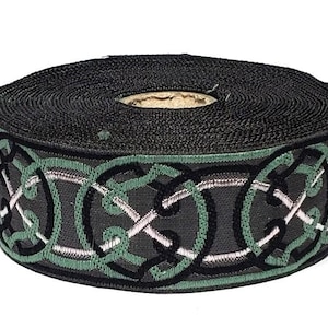 KAFKA G-11 / 10 Jacquard Band gewebt Bio-Baumwolle Trim 1-1 / 4 "breit (32 mm) Dunkelgrau mit Schwarz, Grün & Weiß keltische Kreise