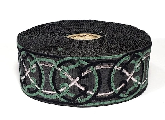 KAFKA G-11/10 Jacquard Ribbon Woven Organic Cotton Trim 1-1/4" wide (32mm) Dark Gray w/Black, Green & White Celtic Circles