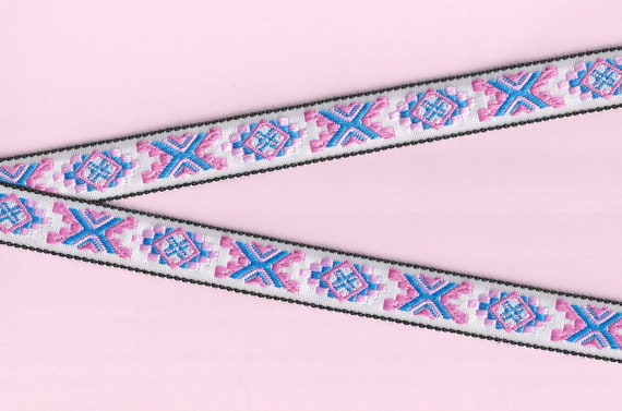 NATIVE AMERICAN E-01-P Jacquard Ribbon Polyester Trim 7/8" Wide (22mm) White Black Border, Pink, Bubble Gum Pink & Blue "X" Motif