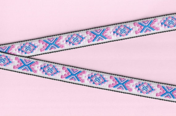 NATIVE AMERICAN E-01-P Jacquard Ribbon Polyester Trim 7/8" Wide (22mm) White Black Border, Pink, Bubble Gum Pink & Blue "X" Motif, Per Yard