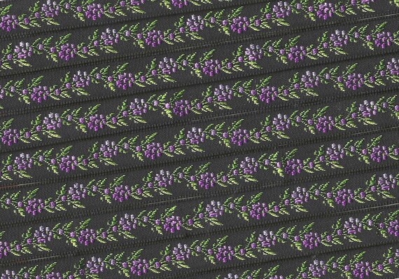 FLORAL B-42-A Jacquard Ribbon Poly Trim 1/2" wide (13mm) Black Background w/Variegated Lilac/Purple Flowers, Variegated Green Vines & Leaves