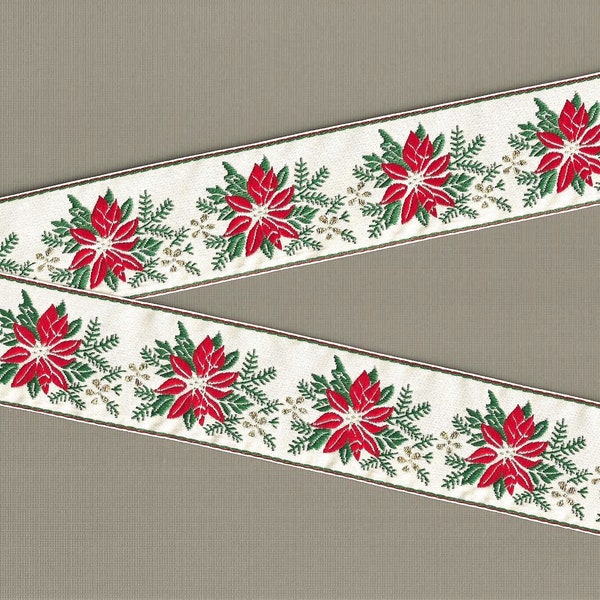 HOLIDAY H-08-A Jacquard Band Poly Trim 1-1 / 2 "breit (38mm) Off-White-Hintergrund, rote Weihnachtssterne, Grün und Goldmetallische Akzente