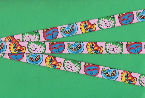 ANIMALS/Cats Jacquard Ribbon Polyester Trim 5/8" Wide (16mm) Pink Background with Bright, Colorful, Happy Cat Faces