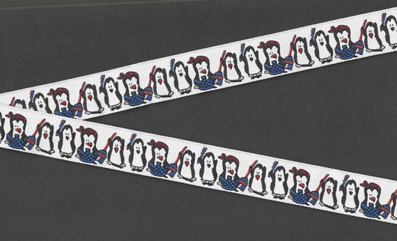 ANIMALS/Water E-16-A Jacquard Ribbon Polyester Trim 7/8" Wide (22mm) White Background w/Penguins doing Chores!