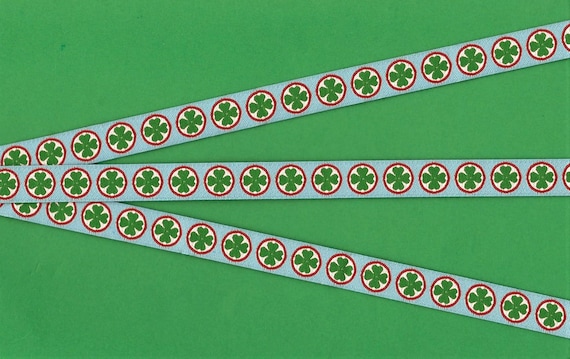 HOLIDAY/St. Patrick's B-06-A Jacquard Ribbon Poly Trim 1/2" Wide (13mm) Lt Blue w/Green Shamrocks in a Red Circle Motif, Per Yard