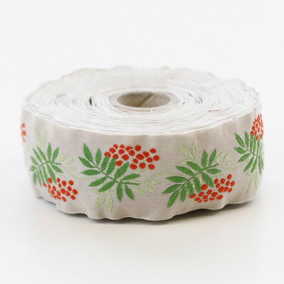 KAFKA G-05/05 Jacquard Ribbon Woven Organic Cotton Trim 1-1/4" wide (32mm) Lt Beige w/Red Berries, Lt Green/Green Leaves