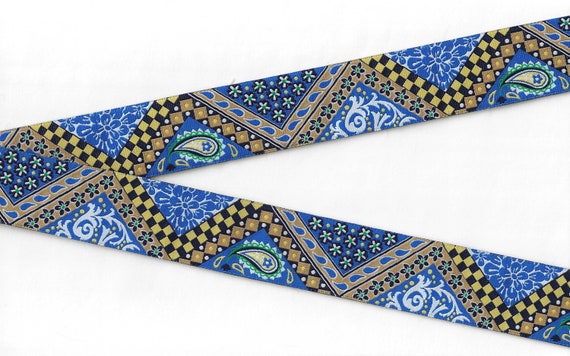 FLORAL G-95-A Jacquard Ribbon Poly Trim 1-1/8" wide (28mm) Douglas Paquette "Blue Bandanna" in Blue/Tan/Yellow/Green/White, Per Yard