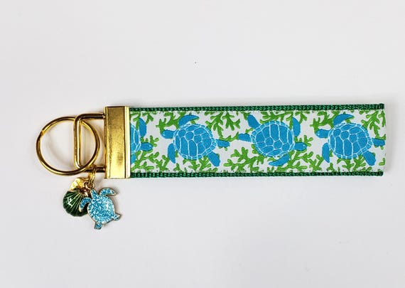 TURTLE REEF Jacquard Ribbon/Nylon Web 1" wide (25mm) 5.5" long Key Fob w/Charms