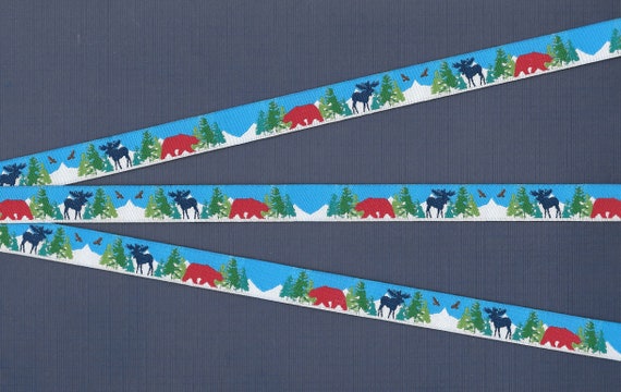 RDS B-19-B Jacquard Ribbon Poly Trim 1/2" Wide (13mm) Red Bears, Blue Moose, Brown Eagles, Mountains & Trees