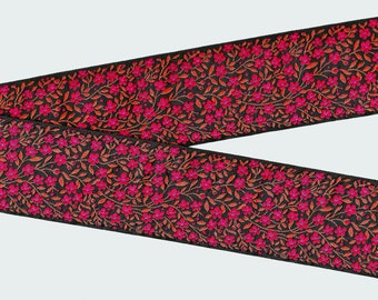 KAFKA K-02/13 Jacquard Ribbon Woven Organic Cotton Trim 2" wide (50mm) Black Background w/Pink & Orange Forget-Me-Nots, Orange Leaves