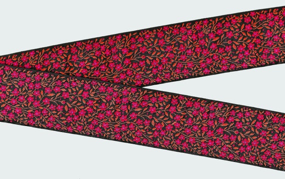 KAFKA K-02/13 Jacquard Ribbon Woven Organic Cotton Trim 2" wide (50mm) Black Background w/Pink & Orange Forget-Me-Nots, Orange Leaves