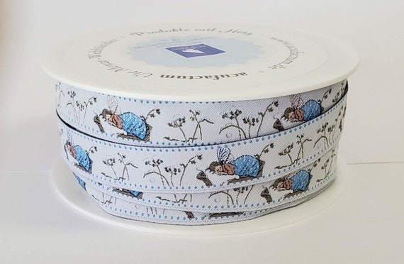 DANIELA DRESCHER Children Jacquard Ribbon Woven Trim 5/8" wide (16mm) From Germany White Background w/Sleeping Blue Elves