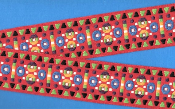 NATIVE AMERICAN K-03-i Jacquard Ribbon Cotton Trim 2-1/8" Wide (54mm) VINTAGE Red w/Green, Purple, Royal Blue, Black & Yellow Dots, Per Yard