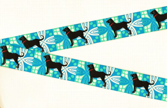 ANIMALS/Dogs G-02-A Jacquard Ribbon Polyester Trim 1-1/8" wide (28mm) RARE Blue/White/Green Floral Design, Labradors & Red Collars