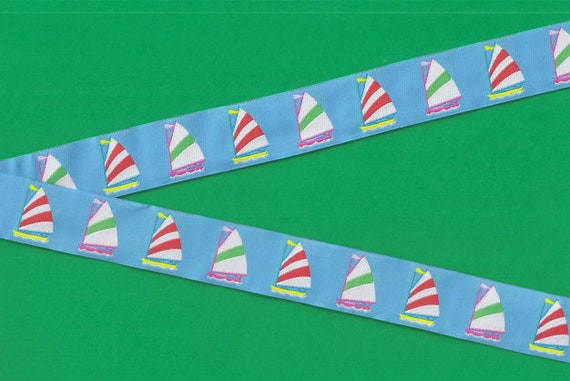 SPORTS/Nautical G-04-A Jacquard Ribbon Poly Trim 1-1/8" Wide (28mm) Douglas Paquette, Pale Blue w/Multi-Colored Sailboats