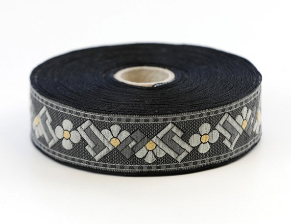 KAFKA F-11/04 Jacquard Ribbon Woven Organic Cotton Trim 1" wide (25mm) Black, Lt Gray & Dk Gray ART DECO Flowers w/Yellow Accents