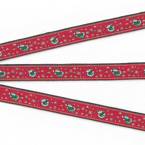 HOLIDAY C-27-B Jacquard Ribbon Polyester Trim 5/8&quot; wide (16mm) Jumping, Wiggle Dancing Santa w/Metallic Gold Stars on Red Background
