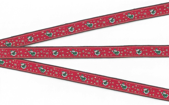 HOLIDAY C-27-B Jacquard Ribbon Poly Trim 5/8" Wide (16mm) Jumping, Wiggle Dancing Santa, Metallic Stars on Red, Per Yard