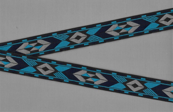 NATIVE AMERICAN F-07-B Jacquard Ribbon Poly Trim, 1" Wide (25mm) Black Background with Turquoise, Gray & Navy Arrow Design