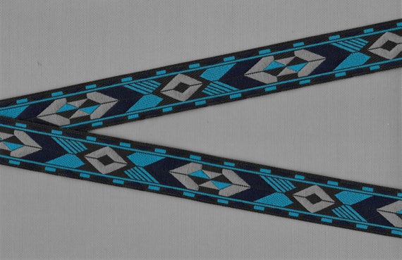 NATIVE AMERICAN F-07-B Jacquard Ribbon Polyester Trim 1" wide (25mm) Black Background with Turquoise, Gray & Navy Arrow Design