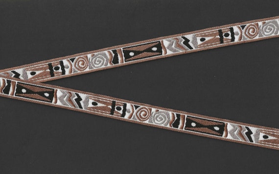 GEOMETRIC C-01-A Jacquard Ribbon Cotton Trim 5/8" wide (16mm) VINTAGE French in Gray, Black & Caramel