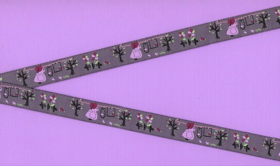 CHILDREN's Fairy Tales C-01-A Jacquard Ribbon Woven Polyester Trim 5/8" Wide (16mm) Little Girl in Purple Bonnet Hanging Laundry