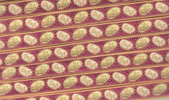 FLORAL B-09-A Jacquard Ribbon Woven Poly Trim 1/2" Wide (13mm) From France, Floral Medallion Design in Mustard Gold/Burgundy/Green